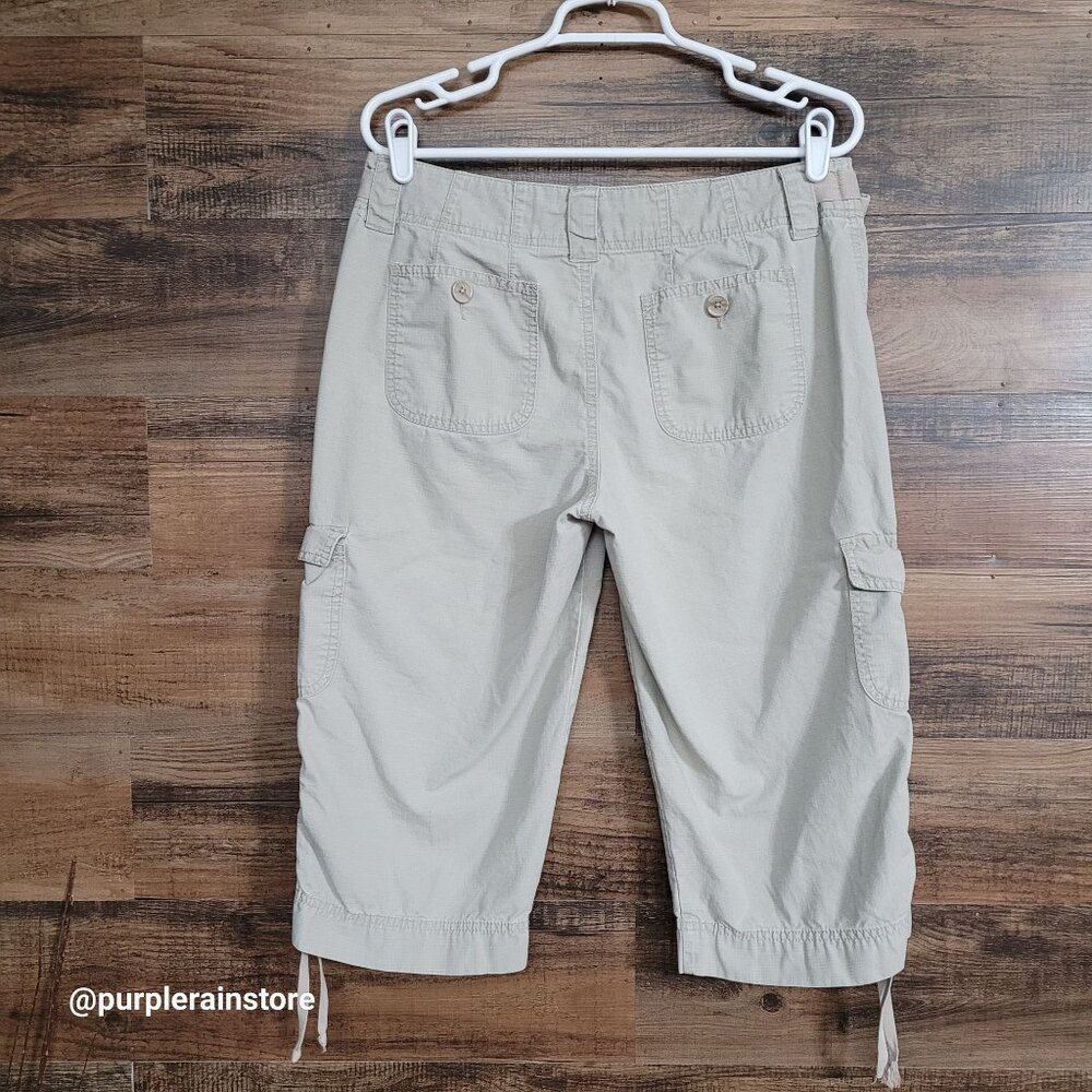 French Cuff Cargo Capri Pants 10 Mid Rise Rip Stop Beige Outdoor Preppy Gorpcore - Picture 2 of 11